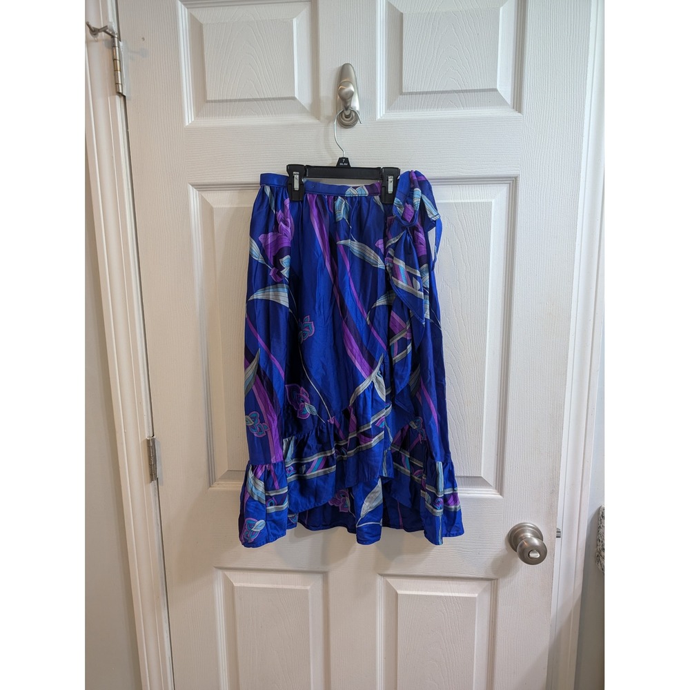 Sirena Vintage Wrap Maxi Skirt Blue Floral Ribbon Swirls Ruffle Hem - Size‎ S